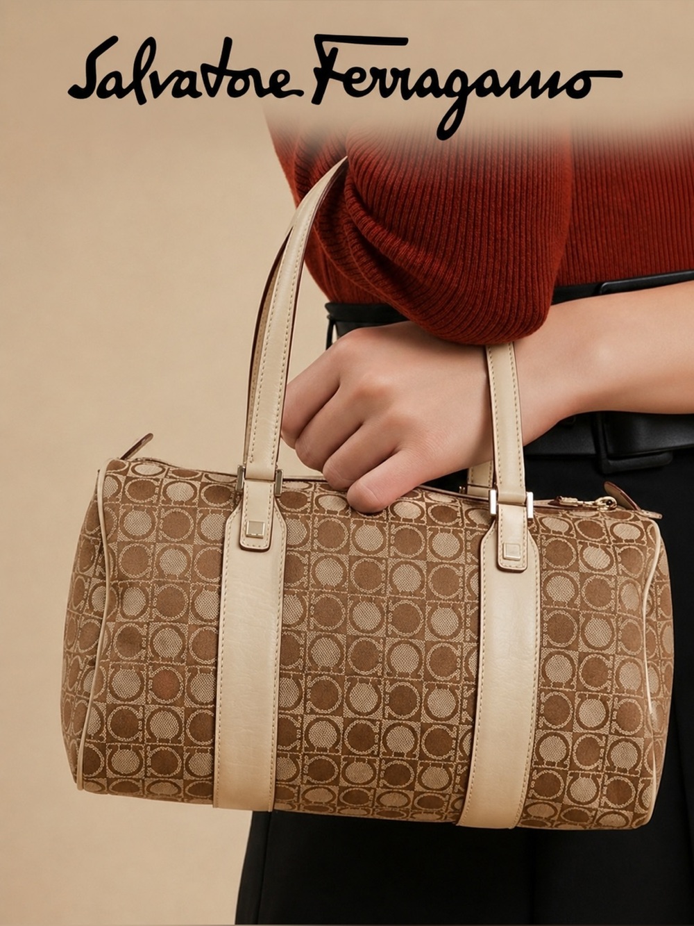 Salvatore Ferragamo VINTAGE Gancini Logo Canvas and Leather Boston Bag